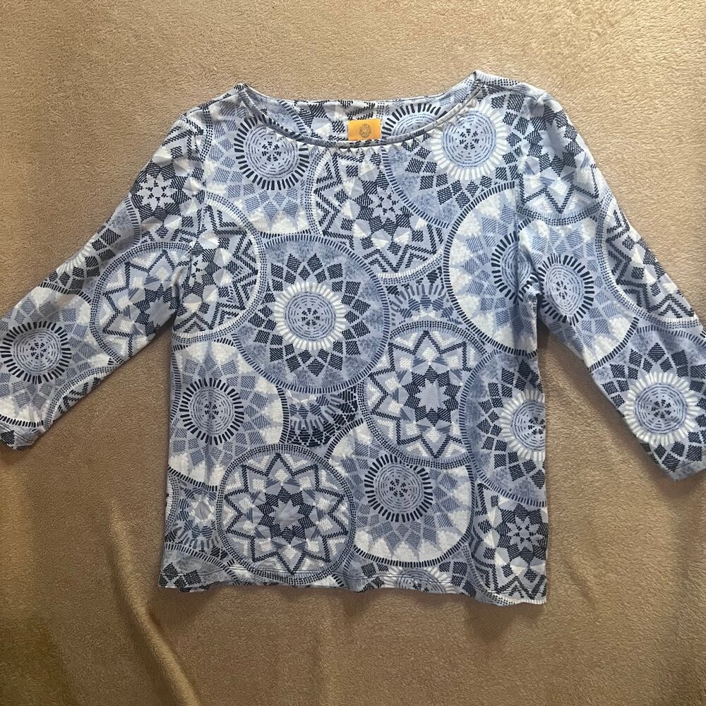 Ruby Rd Women Medium Blue Gray White‎ Geometric Abstract 3/4 Sleeve BOHO Blouse